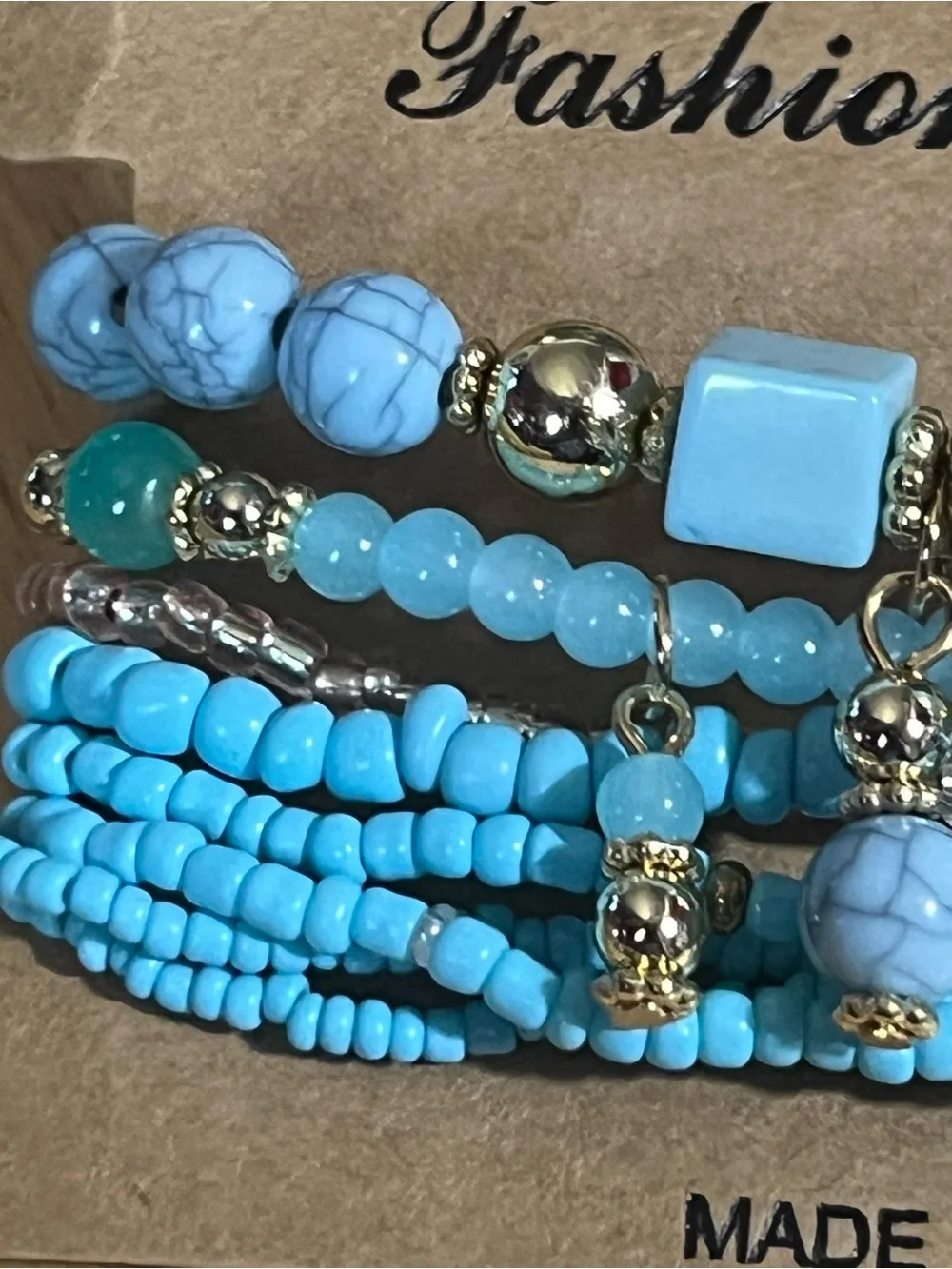 Fashion Jewelry Turquoise Multi-Bead Layered Bracelet with Gold Accents B211